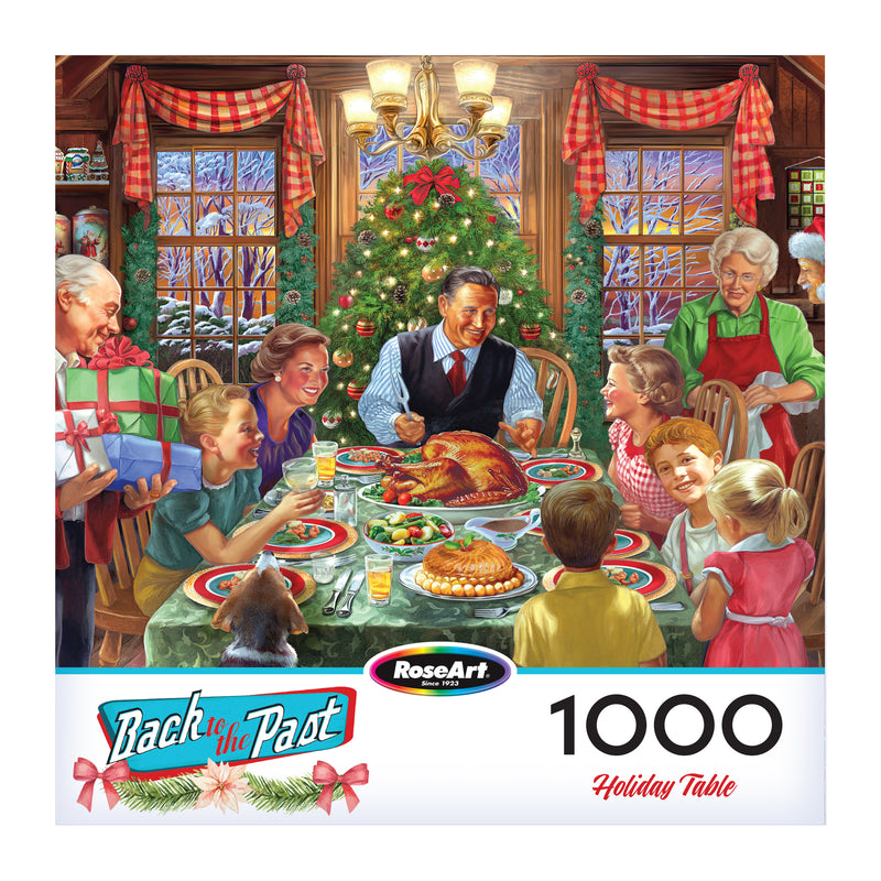 A family enjoys a festive meal around a decorated table with gifts, as seen on the ROSEART - BACK TO THE PAST - HOLIDAY TABLE 1000 piece jigsaw puzzle box.
