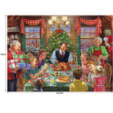 A family gathers at a festive holiday table with a Christmas tree and snow outside—the perfect scene captured in the ROSEART - BACK TO THE PAST - HOLIDAY TABLE - 1000 PIECE JIGSAW PUZZLE.