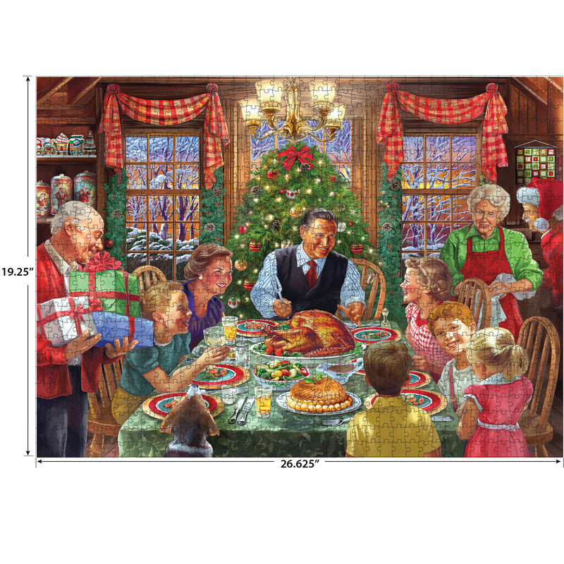 A family gathers at a festive holiday table with a Christmas tree and snow outside—the perfect scene captured in the ROSEART - BACK TO THE PAST - HOLIDAY TABLE - 1000 PIECE JIGSAW PUZZLE.