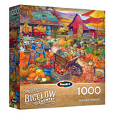 Experience the Harvest Market with the ROSEART Bigelow Country Harvest Market 1000 piece jigsaw puzzle, featuring a colorful autumn scene with fruits, vegetables, pumpkins, and a red barn by Chris Bigelow.