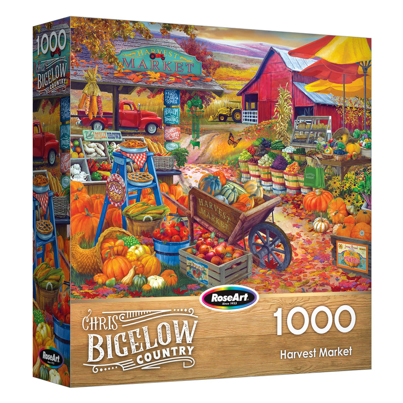 Experience the Harvest Market with the ROSEART Bigelow Country Harvest Market 1000 piece jigsaw puzzle, featuring a colorful autumn scene with fruits, vegetables, pumpkins, and a red barn by Chris Bigelow.
