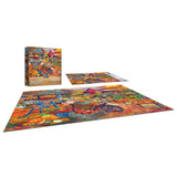 A completed ROSEART - BIGELOW COUNTRY - HARVEST MARKET 1000 piece jigsaw puzzle displays an autumn market scene with pumpkins, a wheelbarrow, and colorful produce; the puzzle box appears in the background.