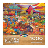 Enjoy the ROSEART - BIGELOW COUNTRY - HARVEST MARKET 1000 piece jigsaw puzzle, featuring a vibrant scene of pumpkins, fruits, vegetables, a red barn, and a "Farmers Market" sign—perfect for fans of Bigelow Country.
