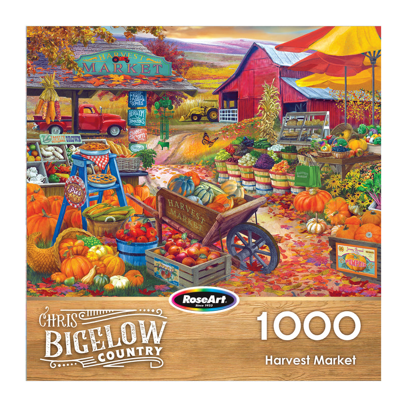 Enjoy the ROSEART - BIGELOW COUNTRY - HARVEST MARKET 1000 piece jigsaw puzzle, featuring a vibrant scene of pumpkins, fruits, vegetables, a red barn, and a "Farmers Market" sign—perfect for fans of Bigelow Country.