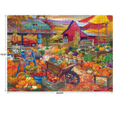 Enjoy a vibrant autumn Harvest Market with pumpkins, gourds, produce stands, red barn, and fall foliage in the ROSEART - BIGELOW COUNTRY - HARVEST MARKET 1000 piece jigsaw puzzle. Finished size: 19.25" x 26.625".