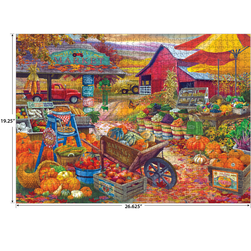 Enjoy a vibrant autumn Harvest Market with pumpkins, gourds, produce stands, red barn, and fall foliage in the ROSEART - BIGELOW COUNTRY - HARVEST MARKET 1000 piece jigsaw puzzle. Finished size: 19.25" x 26.625".