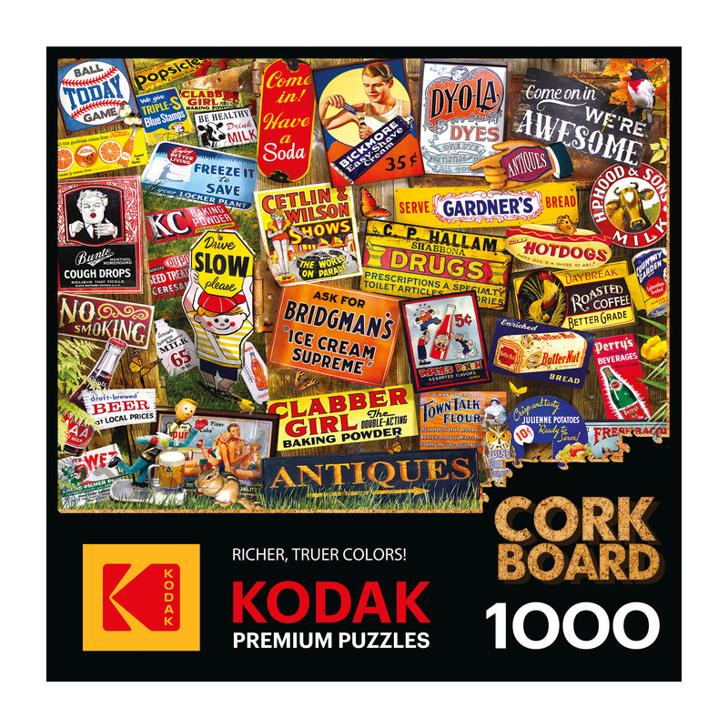 The ROSEART KODAK Cork Antique Signs 1000 Piece Jigsaw Puzzle features a collage of vintage signs and ads on a corkboard background, with Kodak branding and "1000 pieces" indicated at the bottom.