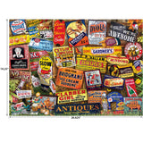 The ROSEART - KODAK CORK - ANTIQUE SIGNS 1000 piece jigsaw puzzle features a collage of vintage ads and signs. Finished size: 19.25" x 26.625".