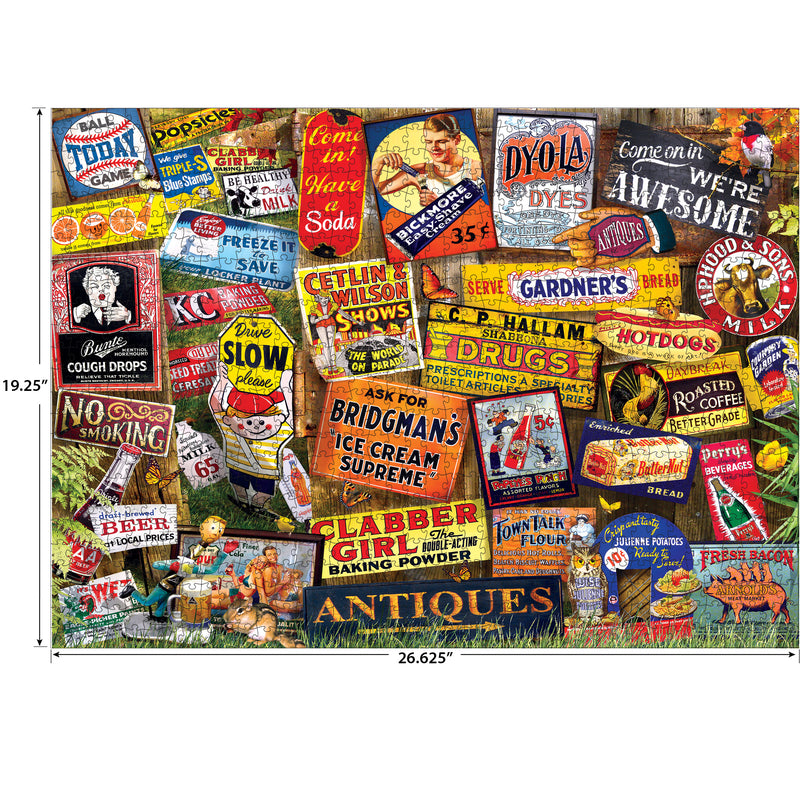The ROSEART - KODAK CORK - ANTIQUE SIGNS 1000 piece jigsaw puzzle features a collage of vintage ads and signs. Finished size: 19.25" x 26.625".