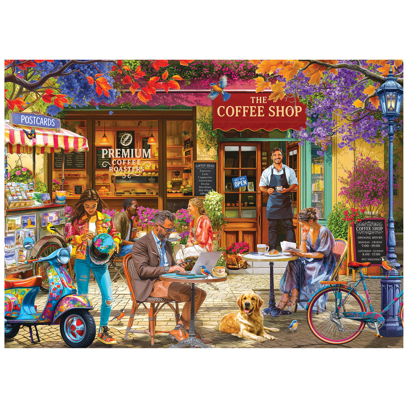 A vibrant outdoor coffee shop scene with people, barista, scooter, bicycle, postcards for sale, and a resting dog—beautifully depicted in the ROSEART KODAK CORK THE COFFEE SHOP 1000 PIECE JIGSAW PUZZLE.