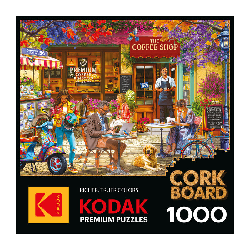 The ROSEART KODAK CORK "The Coffee Shop" 1000-piece jigsaw puzzle features a lively outdoor café scene with people, a dog, flowers, and a scooter.