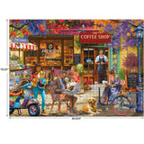 Enjoy assembling the ROSEART - KODAK CORK - THE COFFEE SHOP 1000 piece jigsaw puzzle, featuring a vibrant outdoor café with diners, a barista, dog, bicycle, flowers, and autumn leaves. Finished size: 19.25" x 26.625".