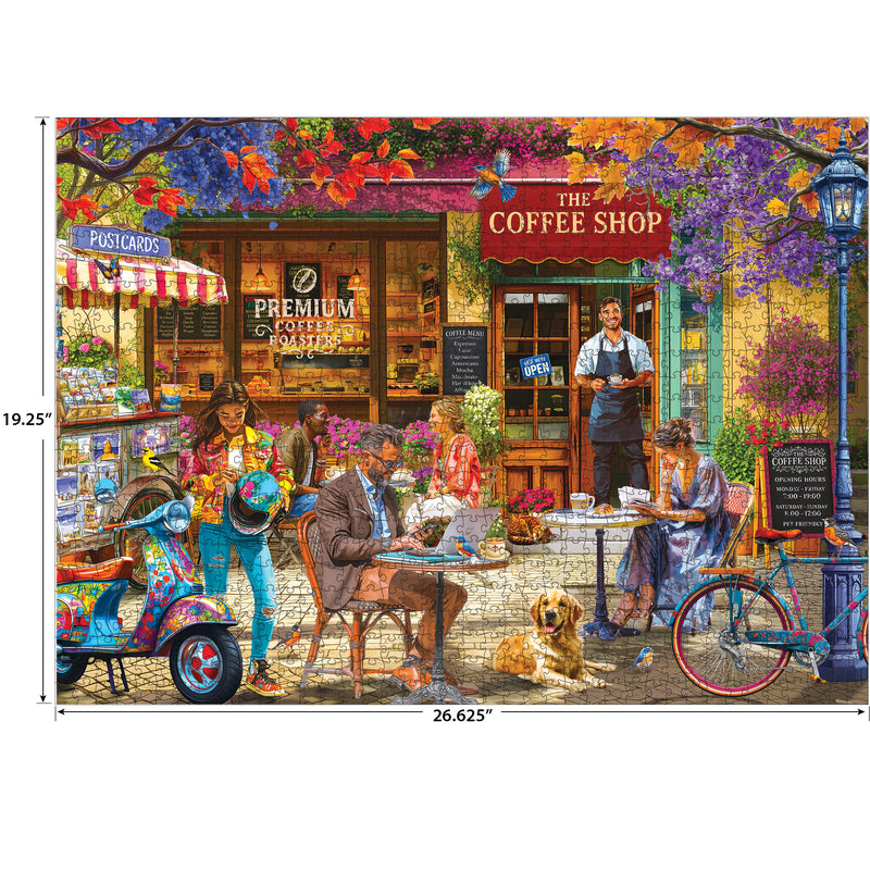 Enjoy assembling the ROSEART - KODAK CORK - THE COFFEE SHOP 1000 piece jigsaw puzzle, featuring a vibrant outdoor café with diners, a barista, dog, bicycle, flowers, and autumn leaves. Finished size: 19.25" x 26.625".
