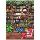 Illustration of a cozy library with vine-covered bookshelves, books, plants, and an armchair—featured in the ROSEART - HOBBY HAVEN - BOOKSHELF - 1000 PIECE JIGSAW PUZZLE.
