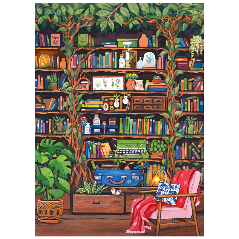 Illustration of a cozy library with vine-covered bookshelves, books, plants, and an armchair—featured in the ROSEART - HOBBY HAVEN - BOOKSHELF - 1000 PIECE JIGSAW PUZZLE.