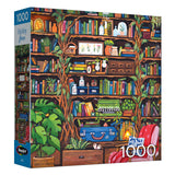 Enjoy building the ROSEART - HOBBY HAVEN - BOOKSHELF 1000 PIECE JIGSAW PUZZLE, which showcases an illustrated bookshelf filled with books, plants, green vines, and a cozy red chair in the foreground.