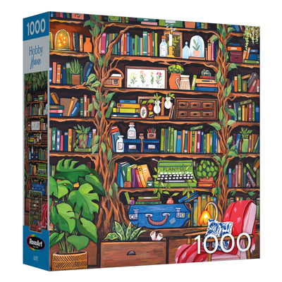Enjoy building the ROSEART - HOBBY HAVEN - BOOKSHELF 1000 PIECE JIGSAW PUZZLE, which showcases an illustrated bookshelf filled with books, plants, green vines, and a cozy red chair in the foreground.