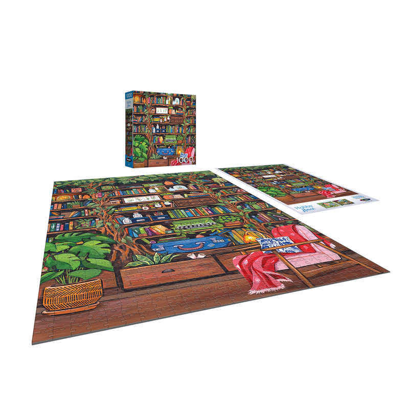 The completed ROSEART - HOBBY HAVEN - BOOKSHELF 1000 piece jigsaw puzzle, showing its vibrant bookshelf scene, is pictured with the puzzle box and reference poster.