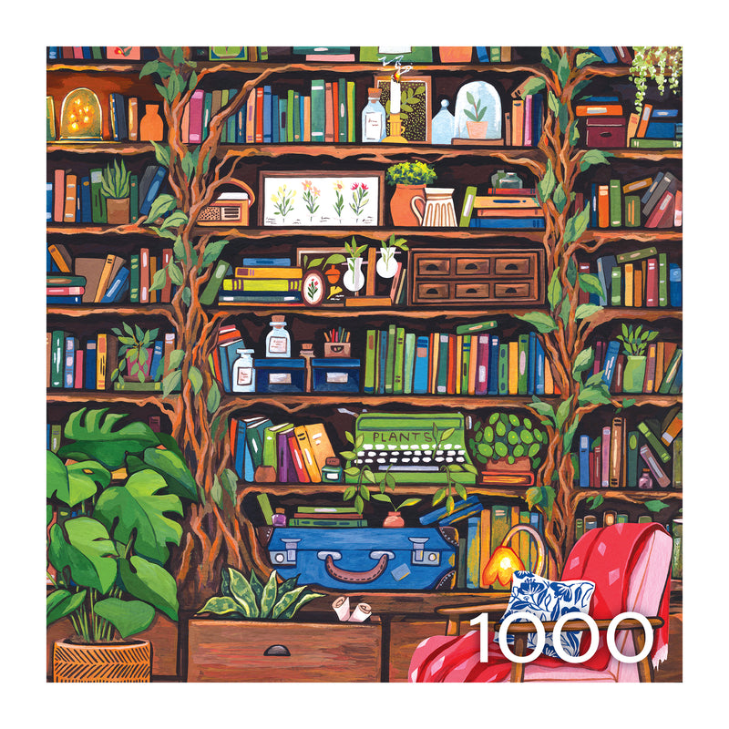 The ROSEART Hobby Haven Bookshelf 1000 Piece Jigsaw Puzzle features a vibrant home library scene with books, plants, a green typewriter, shelves, a red armchair, and the number 1000 in the lower right corner.