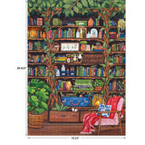 The ROSEART HOBBY HAVEN BOOKSHELF 1000 piece jigsaw puzzle features a bookshelf with books, plants, decor, a red chair, pink blanket, and open book; finished size is 26.625" x 19.25".
