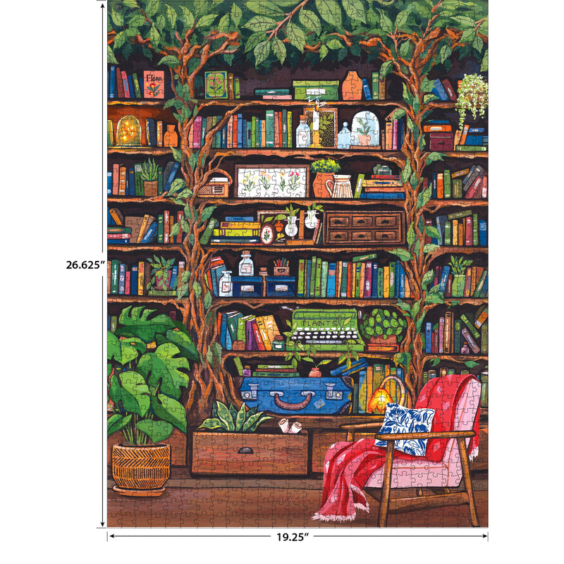 The ROSEART HOBBY HAVEN BOOKSHELF 1000 piece jigsaw puzzle features a bookshelf with books, plants, decor, a red chair, pink blanket, and open book; finished size is 26.625" x 19.25".