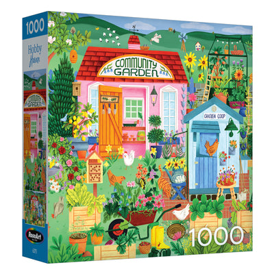 The ROSEART Hobby Haven Community Garden 1000 piece jigsaw puzzle features a lively garden scene with flowers, plants, gardening tools, and a charming chicken coop.