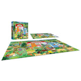 The ROSEART Hobby Haven Community Garden 1000-piece jigsaw puzzle is shown completed, with its box and lid, all on a white background.