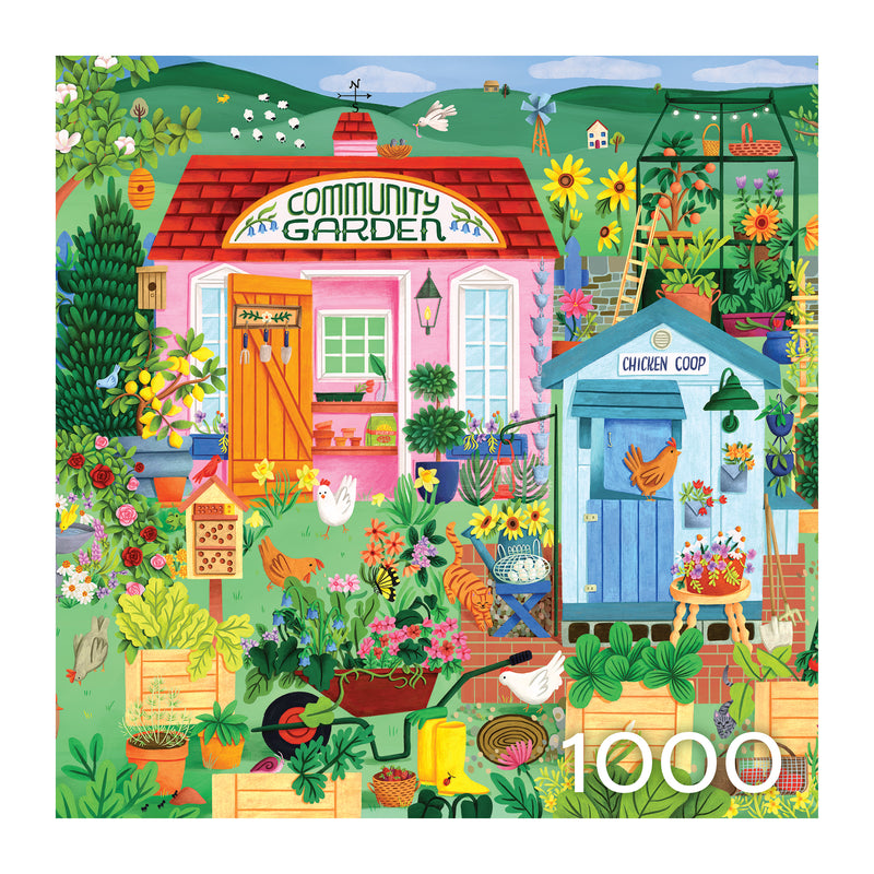 Enjoy assembling the ROSEART - HOBBY HAVEN - COMMUNITY GARDEN 1000 piece puzzle, featuring a vibrant garden scene with a pink building, blue chicken coop, chickens, plants, tools, and flowers—perfect for puzzle and gardening fans.