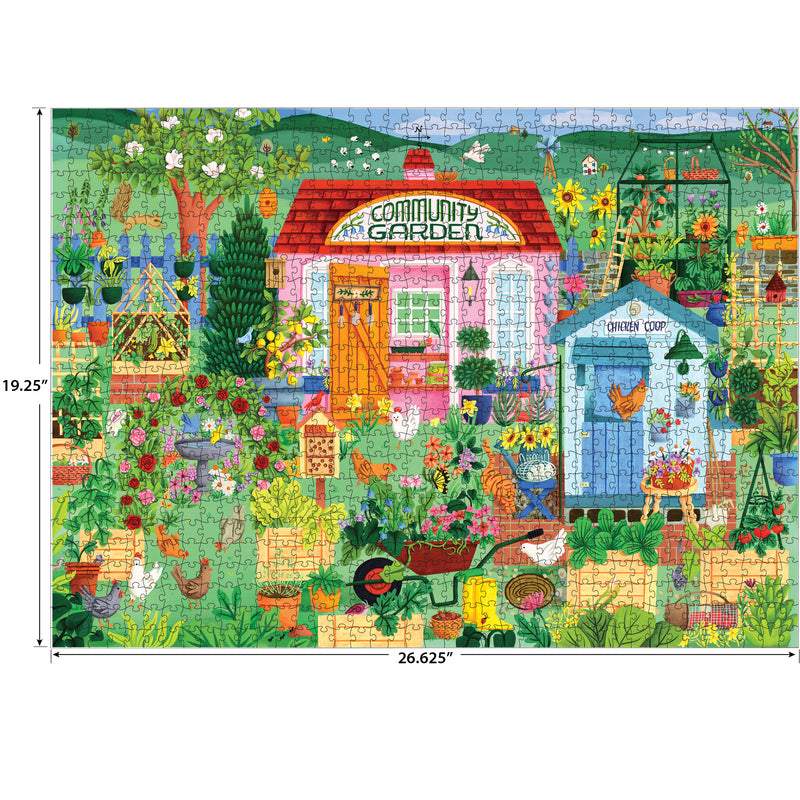 Enjoy assembling the ROSEART - HOBBY HAVEN - COMMUNITY GARDEN 1000 piece jigsaw puzzle featuring a vibrant scene with flowers, plants, cats, a pink "Community Garden" building, and a blue shed labeled "Chicken Coop." Dimensions included.