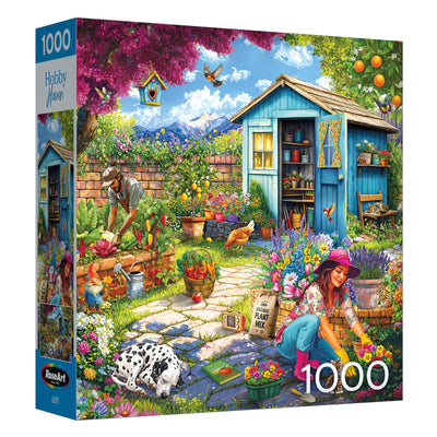 The ROSEART HOBBY HAVEN 1000 piece jigsaw puzzle features a vibrant garden with a couple, blue shed, dog, birds, and flowers under a bright sky—perfect for your next relaxing puzzle session.