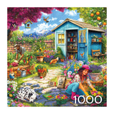 Assemble the vibrant ROSEART - HOBBY HAVEN - COUPLE IN THE GARDEN 1000 piece puzzle, featuring a couple, dog, chickens, blue shed, flowers, garden tools and wildlife against trees, a brick wall and mountains.