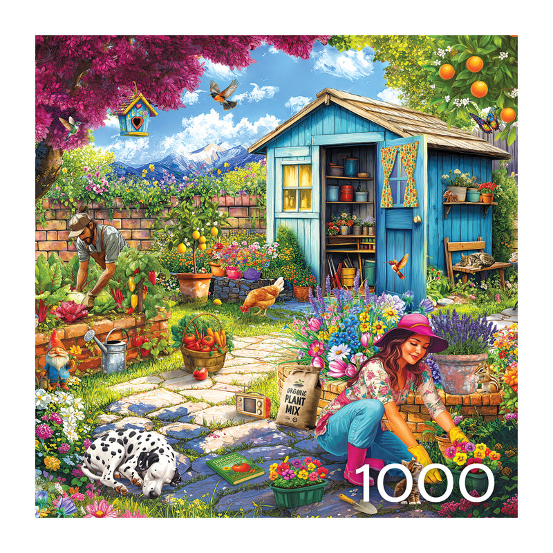 Assemble the vibrant ROSEART - HOBBY HAVEN - COUPLE IN THE GARDEN 1000 piece puzzle, featuring a couple, dog, chickens, blue shed, flowers, garden tools and wildlife against trees, a brick wall and mountains.