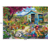 Enjoy assembling the ROSEART - HOBBY HAVEN - COUPLE IN THE GARDEN 1000 piece jigsaw puzzle, featuring a vibrant garden with a couple, pets, and a blue shed. Finished size: 19.25 x 26.625 inches—ideal for relaxing hours of fun!.