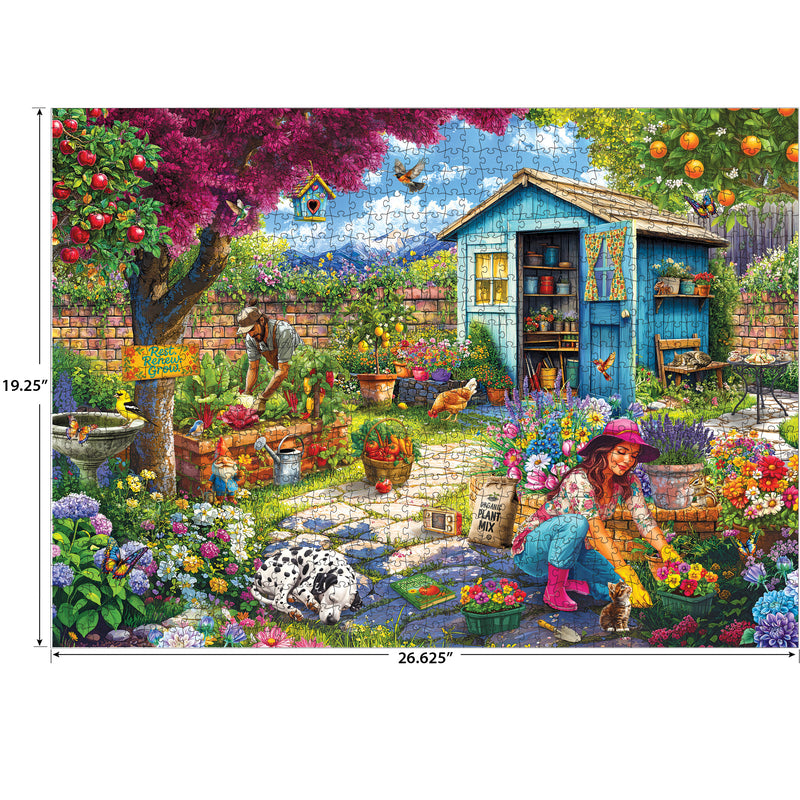 Enjoy assembling the ROSEART - HOBBY HAVEN - COUPLE IN THE GARDEN 1000 piece jigsaw puzzle, featuring a vibrant garden with a couple, pets, and a blue shed. Finished size: 19.25 x 26.625 inches—ideal for relaxing hours of fun!.