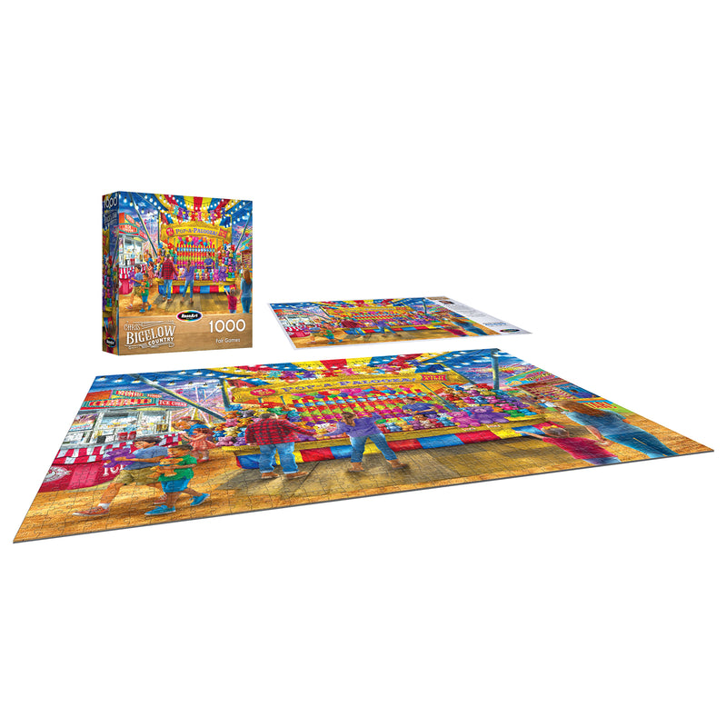 The ROSEART - BIGELOW COUNTRY - FAIR GAMES 1000-piece jigsaw puzzle features a vibrant carnival scene with people, balloons, and fair games; includes images of the puzzle box and completed puzzle.