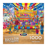 At a lively carnival, people play "Pop-A-Palooza" near booths with stuffed animals and the ROSEART BIGELOW COUNTRY FAIR GAMES 1000 PIECE JIGSAW PUZZLE, enjoying games and prizes.
