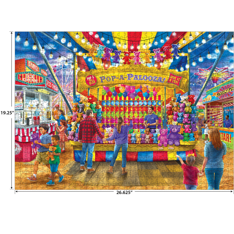 Enjoy the lively fun of Bigelow Country with the ROSEART - BIGELOW COUNTRY - FAIR GAMES 1000 piece jigsaw puzzle, featuring a bright carnival scene and dimensions of 26.625" x 19.25". Perfect for your next puzzle challenge!.