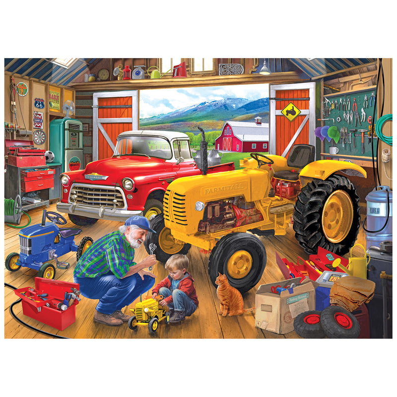A man and child play with toy tractors in a barn workshop, surrounded by tools, vehicles, and a cat—just like the cozy scene from the ROSEART - HOBBY HAVEN - BOOKSHELF - 1000 PIECE JIGSAW PUZZLE.
