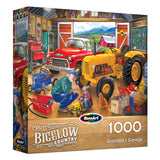 The ROSEART Hobby Haven Bookshelf 1000 piece jigsaw puzzle depicts "Grandpa's Garage" with an elderly man, kids, vintage vehicles, and tools—an ideal add-on to any bookshelf puzzle collection.