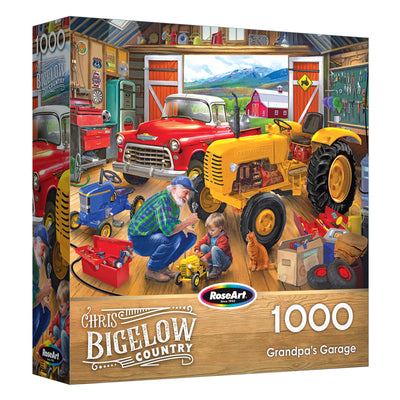 The ROSEART Hobby Haven Bookshelf 1000 piece jigsaw puzzle depicts "Grandpa's Garage" with an elderly man, kids, vintage vehicles, and tools—an ideal add-on to any bookshelf puzzle collection.
