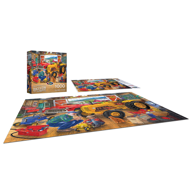 The ROSEART - HOBBY HAVEN - BOOKSHELF - 1000 PIECE JIGSAW PUZZLE showcases vibrant tractors and farm equipment, pictured with its box and as a puzzle in progress—an ideal addition to any bookshelf puzzle collection.