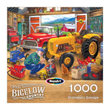 The ROSEART HOBBY HAVEN BOOKSHELF 1000 piece jigsaw puzzle features a garage scene with a yellow tractor, red truck, grandpa, children, pets, and toys—perfect for any puzzle collection and labeled “Grandpa’s Garage.”.