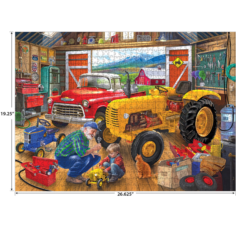 A man and child play with toy tractors in a barn workshop on the RoseArt Hobby Haven Bookshelf 1000 piece jigsaw puzzle, which measures 19.25" x 26.625".