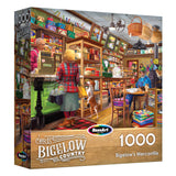 ROSEART - BIGELOW COUNTRY - BIGELOW'S MERCANTILE 1000 piece jigsaw puzzle features a lively shop scene with customers, a shopkeeper, shelves of goods, and a dog—perfect for puzzle lovers seeking charming country flair.
