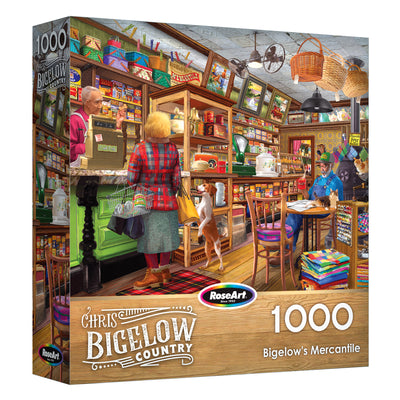 ROSEART - BIGELOW COUNTRY - BIGELOW'S MERCANTILE 1000 piece jigsaw puzzle features a lively shop scene with customers, a shopkeeper, shelves of goods, and a dog—perfect for puzzle lovers seeking charming country flair.