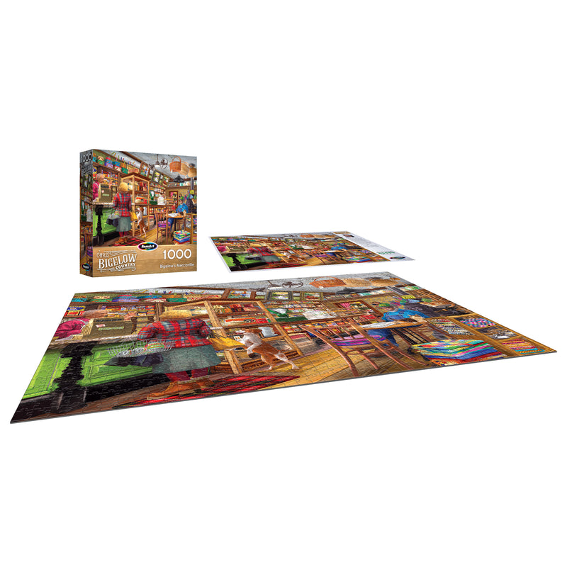 A completed ROSEART - BIGELOW COUNTRY - BIGELOW'S MERCANTILE 1000 piece jigsaw puzzle is shown next to its box and an unused puzzle sheet.