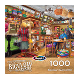 Enjoy assembling the ROSEART BIGELOW COUNTRY - BIGELOW'S MERCANTILE 1000 Piece Jigsaw Puzzle, featuring a lively general store scene with shelves of goods, customers, a shopkeeper, and a playful dog amid colorful details.