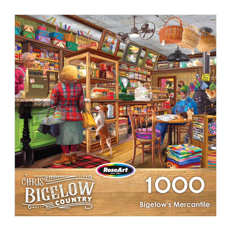 Enjoy assembling the ROSEART BIGELOW COUNTRY - BIGELOW'S MERCANTILE 1000 Piece Jigsaw Puzzle, featuring a lively general store scene with shelves of goods, customers, a shopkeeper, and a playful dog amid colorful details.