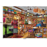 The ROSEART - BIGELOW COUNTRY - BIGELOW'S MERCANTILE 1000 piece jigsaw puzzle features a vibrant scene of the mercantile with a clerk, customers, dog, and goods on shelves; puzzle dimensions included.