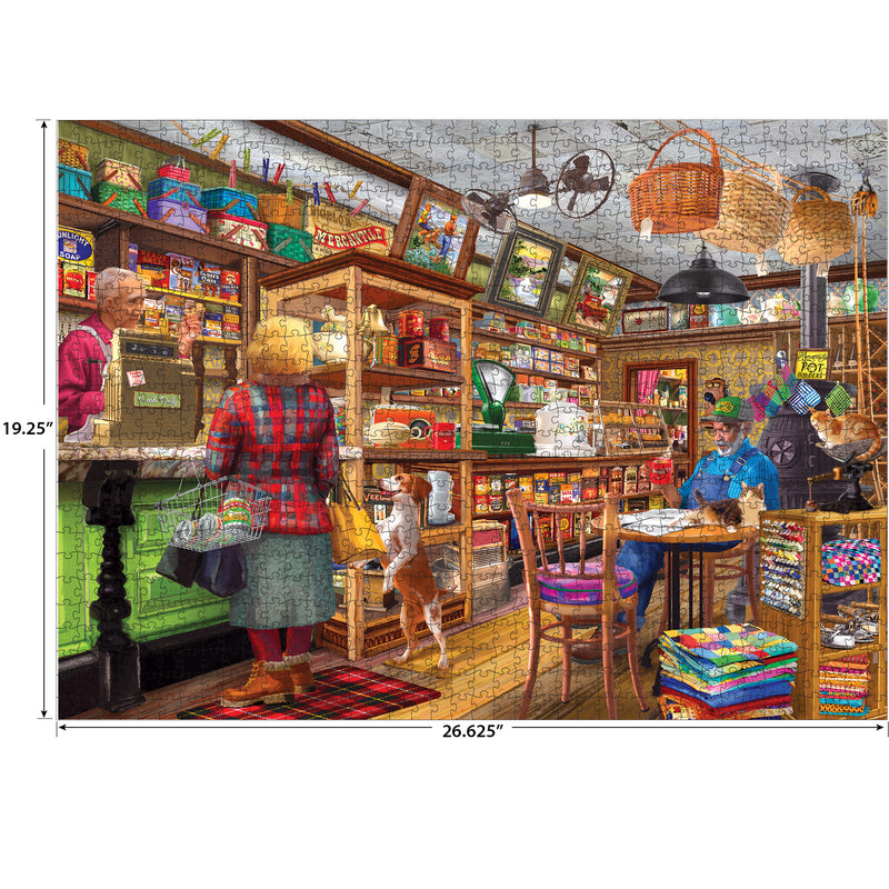 The ROSEART - BIGELOW COUNTRY - BIGELOW'S MERCANTILE 1000 piece jigsaw puzzle features a vibrant scene of the mercantile with a clerk, customers, dog, and goods on shelves; puzzle dimensions included.